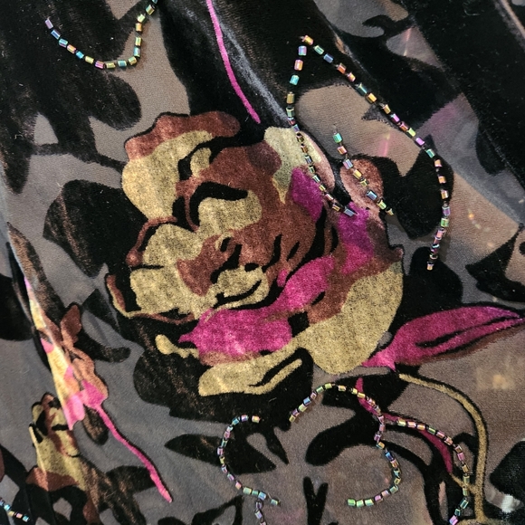 JR Nites Vtg Floral Shell Blouse Fringe Velvet Burnout Dark Fairy Whimsigoth L - Picture 7 of 13